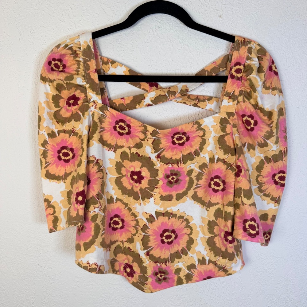 Free People Women's M Floral Puff Sleeve Square Neck Top Boho Festival County